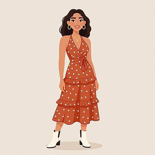 Digital illustration of a smiling, dark-haired woman in a red polka-dot dress with ruffles, white ankle boots, and large earrings.