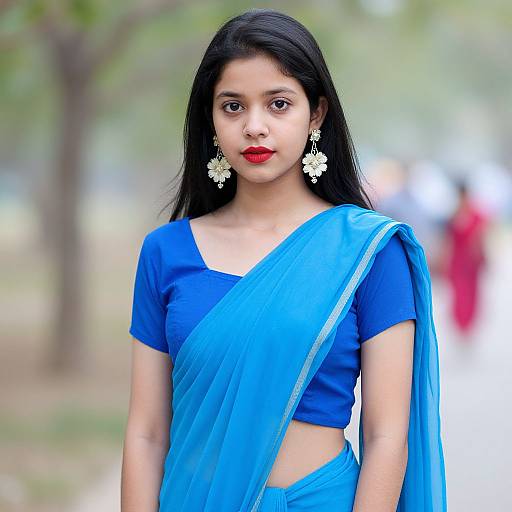 Photograph of an Indian woman with long black hair, fair skin, red lipstick, blue sari, and white floral earrings, standing outdoors with a