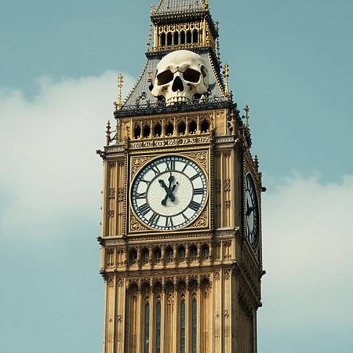 Photograph of the Elizabeth Tower (Big Ben) with a white skull atop the clock face against a clear blue sky.