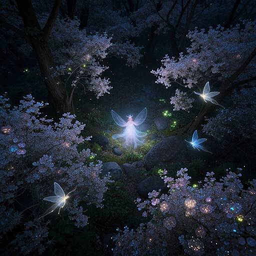 Digital art of luminous blue fairy with glowing wings, surrounded by bioluminescent butterflies and colorful lights, amidst dark, enchanted forest.