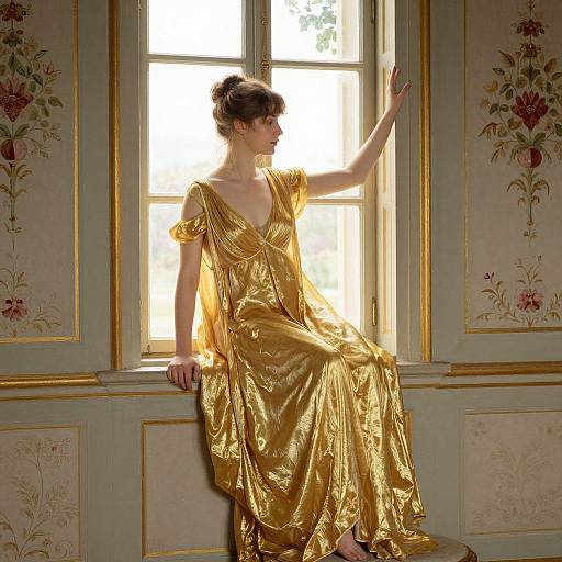 Photograph of a fair-skinned woman in a shimmering gold dress, sitting on a windowsill, arm raised, sunlight illuminating her profile,