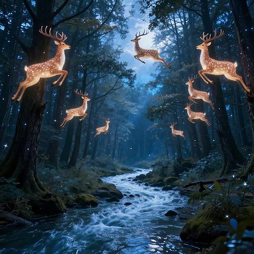 Photograph of a magical forest at twilight, featuring glowing, illuminated deer sculptures leaping above a rushing stream, surrounded by tall, dark trees and sparkling