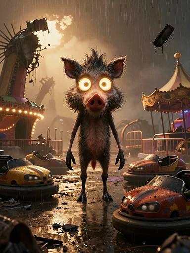 CGI horror image of a menacing, glowing-eyed, hairy, pig-like creature standing in a rain-soaked, abandoned carnival at night, surrounded by