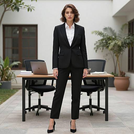 Photograph of a serious, dark-haired woman in a black suit and white shirt, standing in a modern outdoor office space, in front of two desks
