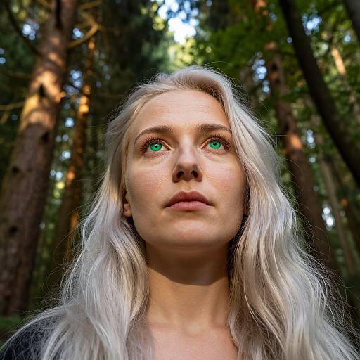 Photograph of a blonde woman with striking green eyes, fair skin, and wavy hair, looking upward in a sunlit forest.