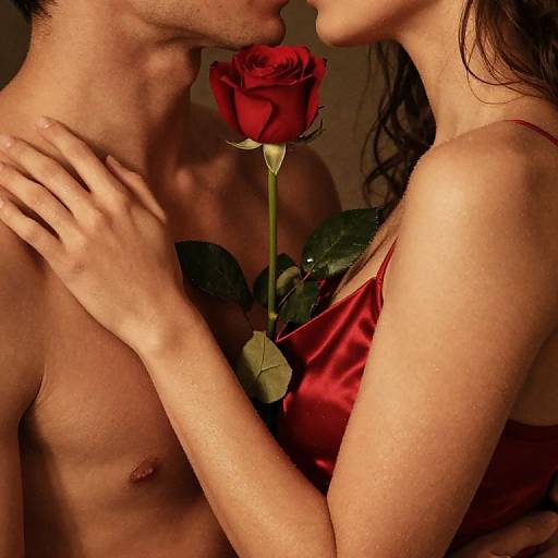 Photograph of a shirtless man and a woman in a red dress kissing, holding a red rose between them. Dark, intimate lighting.