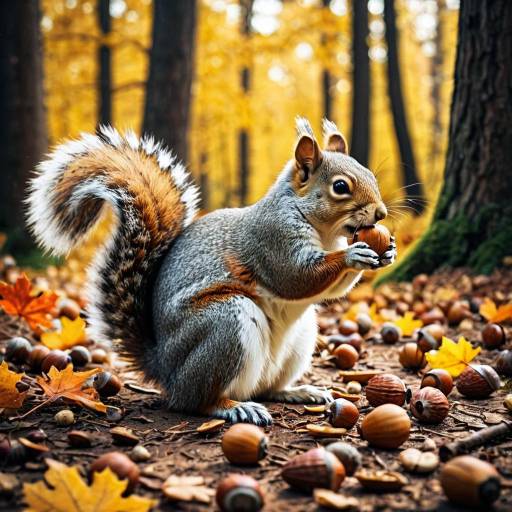 Playful Squirrel Gathering Acorns in Autumn