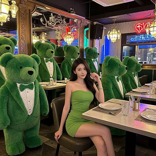 Photograph of an Asian woman in a green strapless dress seated at a table in a restaurant with large green teddy bear statues wearing bow ties,