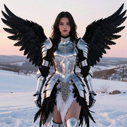 Photograph of a young Asian woman with long black hair, wearing silver armor with black feathered wings, standing in a snowy landscape at sunset.