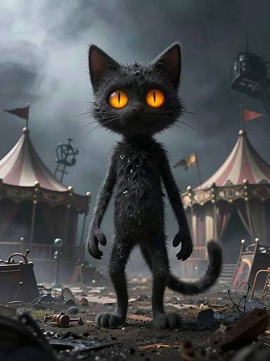 Digital art of a dark, furry, glowing-eyed cat standing in a foggy, ruined circus tent field with scattered debris and flags.