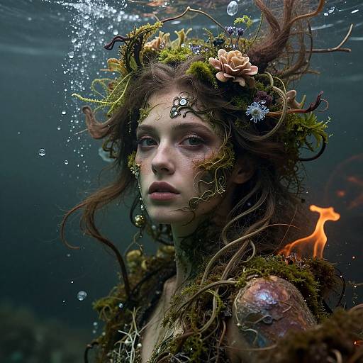 Photorealistic digital art of a mystical mermaid-like woman with flowing brown hair, moss-covered head, floral and vine crown, underwater, bubbles,