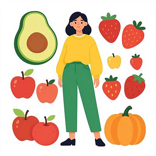 Digital illustration of a woman with black hair in a yellow sweater and green pants, surrounded by various colorful fruits and vegetables.