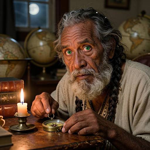 Photograph of an elderly man with a long white beard, green eyes, and weathered skin, lighting a candle on a wooden table, surrounded by
