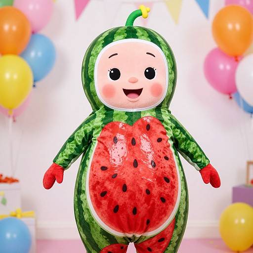 Photograph of a chubby, smiling baby doll in a watermelon onesie with green stripes, red seeds, and red gloves, surrounded by colorful balloons