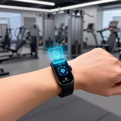 Photograph of a wrist wearing a black smartwatch with a glowing blue interface in a modern, brightly lit gym.