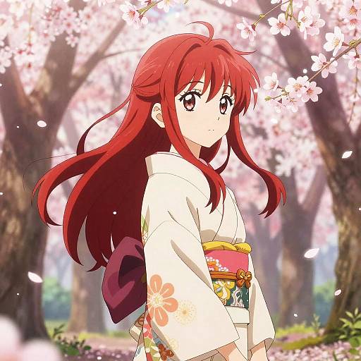 Anime Girl in Cherry Blossom Forest
