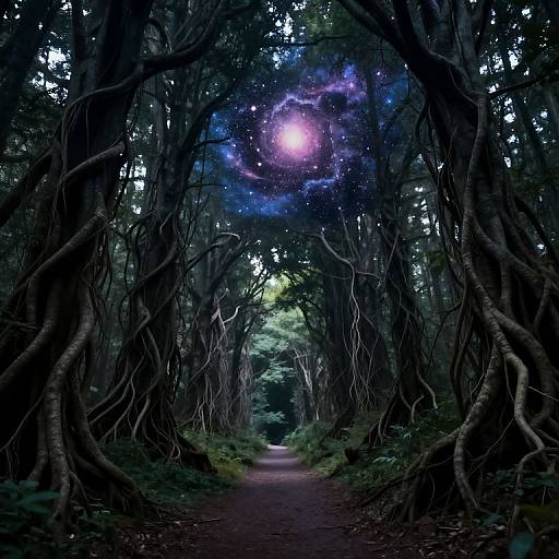 Photograph of a dark, mystical forest path framed by twisted, gnarled trees. A glowing purple and blue circular light appears at the canopy's