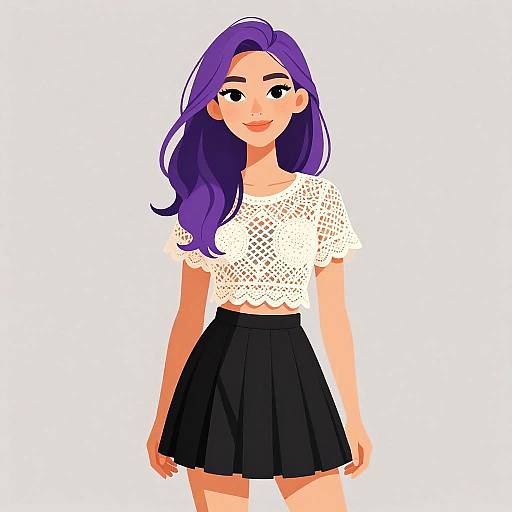 Digital illustration of a smiling woman with long purple hair, wearing a white lace top and black pleated skirt, set against a white background.