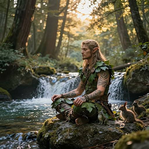 Photograph-style CGI of a tattooed, long-haired elf with pointed ears, wearing leafy armor, sitting by a forest waterfall with three mice,