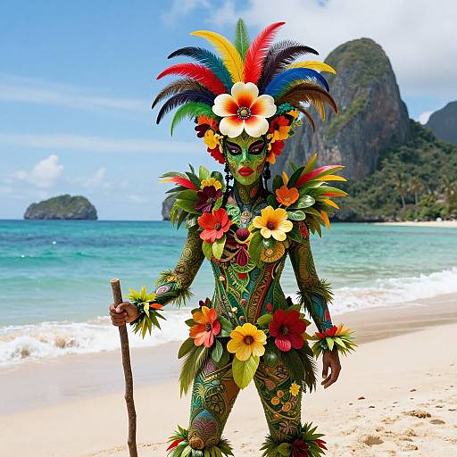 Vibrant, green-painted tribal figure with colorful feathers and flowers, holding a stick, stands on a tropical beach with rocky cliffs in the background
