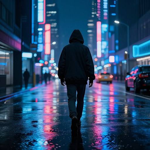 Photograph of a lone figure in a dark hooded jacket walking down a neon-lit, rainy city street at night, with colorful reflections on the