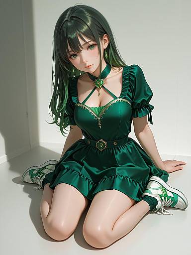 Chic Woman in Emerald Velvet Dress