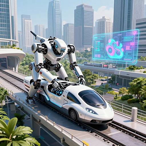 Futuristic Androids Repairing High-Tech Vehicle