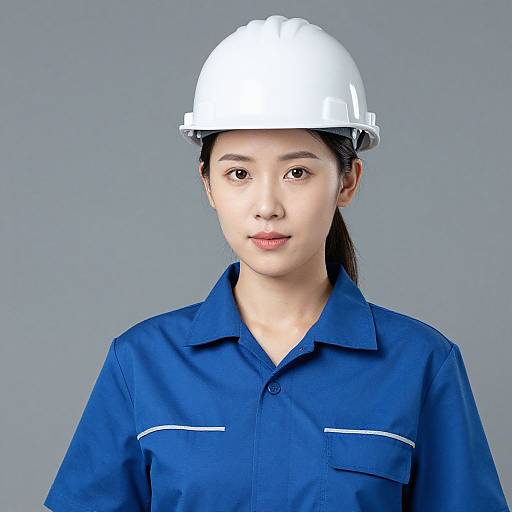 Photograph of an Asian woman with fair skin, dark hair in a ponytail, wearing a white hard hat and blue work shirt, against a plain