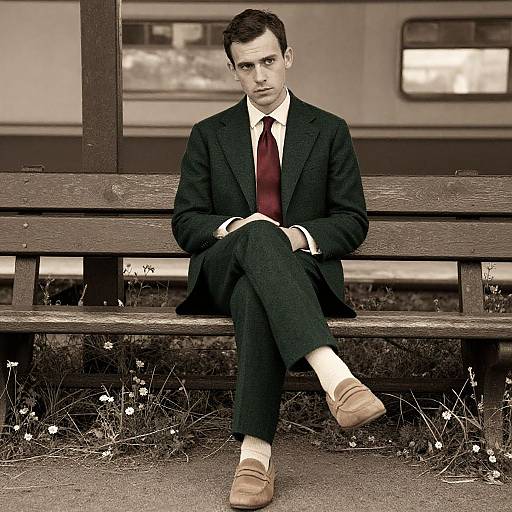 Photograph of a serious, fair-skinned man in a dark suit, red tie, and brown loafers, sitting on a wooden bench near a