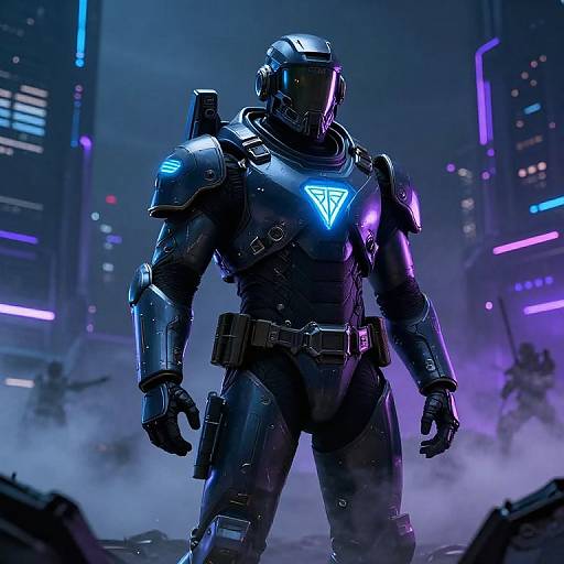 CGI sci-fi image of a muscular, black-armored futuristic soldier with glowing blue triangular emblem, standing in a neon-lit, smoky city