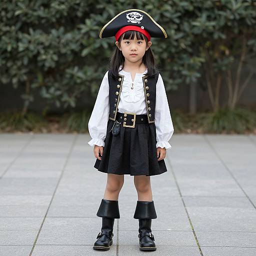 Photograph of an Asian girl in a pirate costume: black skirt, white shirt, black vest, red bandana, pirate hat, black boots,