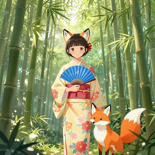 Girl in Floral Kimono with Fox