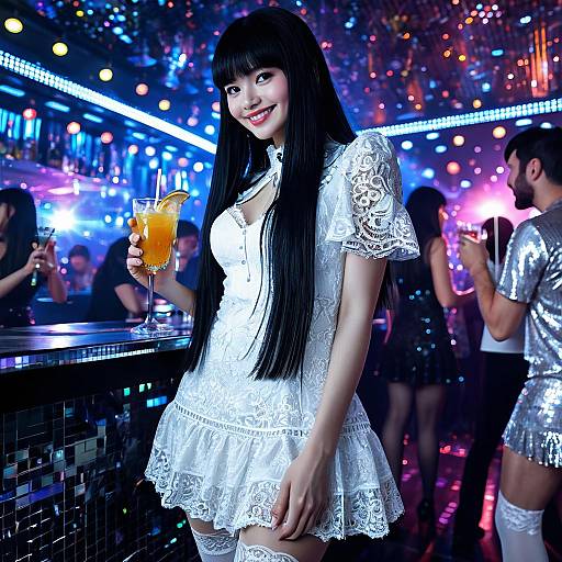 Photograph of a smiling Asian woman with long black hair, wearing a white lace dress and holding a cocktail, in a vibrant, neon-lit nightclub