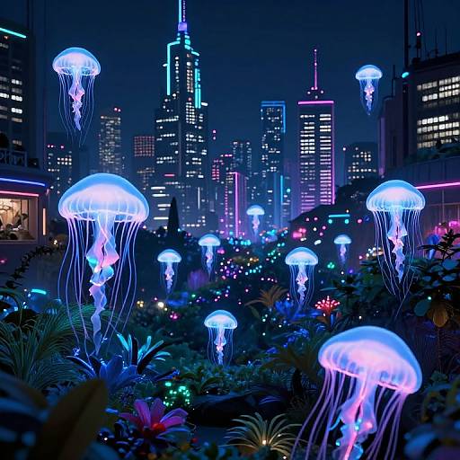 Neon-lit cityscape at night with glowing blue jellyfish floating above vibrant foliage, surrounded by colorful skyscrapers and illuminated buildings. Digital art