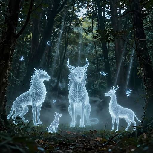 Photograph of glowing, ethereal white forest creatures: a wolf, a stag, a deer, and a cat with intricate patterns, surrounded by mist