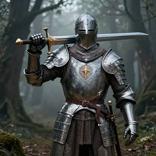 Photorealistic digital image of a knight in shiny, silver armor with a cross emblem, holding a sword over shoulder in a foggy forest.
