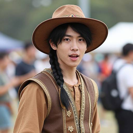 Photograph of an Asian man with black hair in a braid, wearing a brown hat, brown vest, and tan shirt, standing outdoors with a