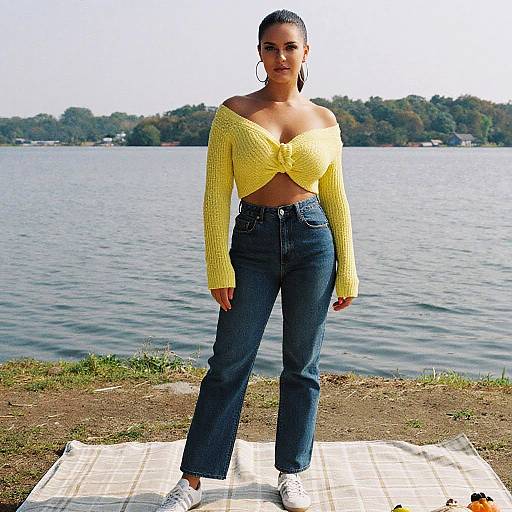 Photograph of a confident woman with dark skin and long hair, wearing a yellow off-shoulder knit top, high-waisted blue jeans,