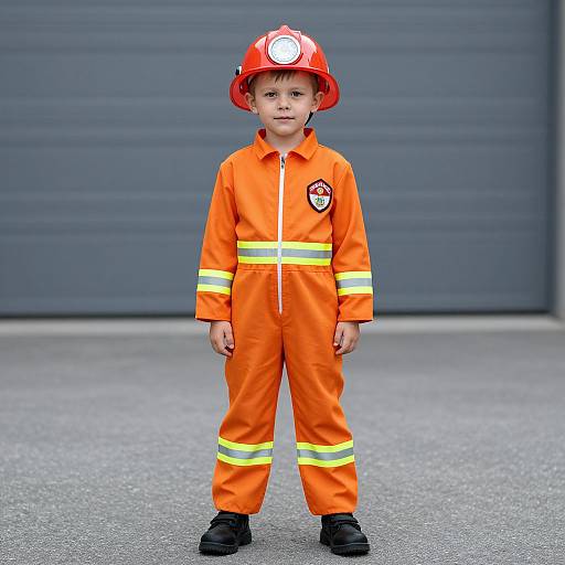 Photograph of a young boy standing in front of a gray garage door, wearing an orange firefighter jumpsuit, red helmet with light, and black boots