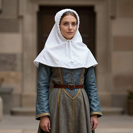Photograph of a young girl in historical clothing: white headscarf, blue denim-like dress with brown belt, standing in front of a stone building