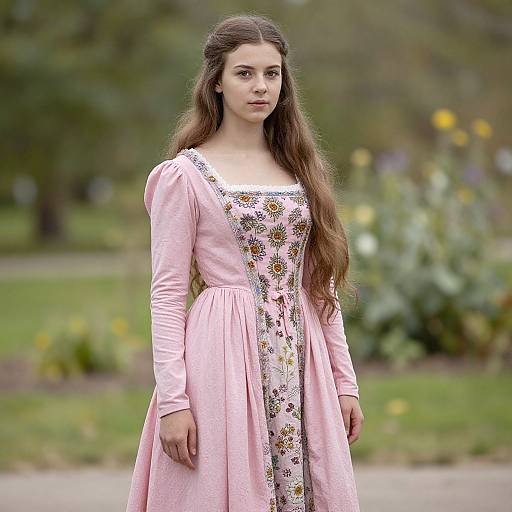 Photograph of a young woman with long brown hair, wearing a pink floral dress with puffed sleeves, standing in a blurred, green garden background.