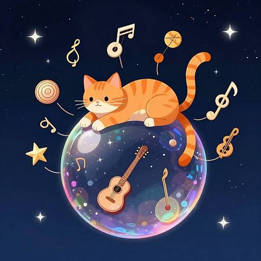 Digital illustration of an orange-striped cat lounging on a glowing, multicolored musical sphere in a starry night sky, surrounded by musical notes and