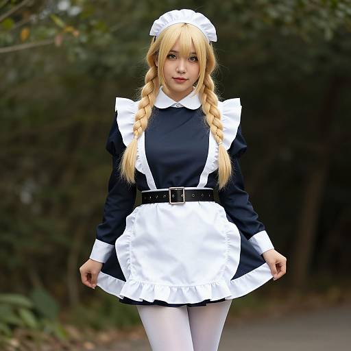 Blonde anime girl in black and white French maid outfit with braided hair, white stockings, standing outdoors with forest background. Photorealistic CGI.