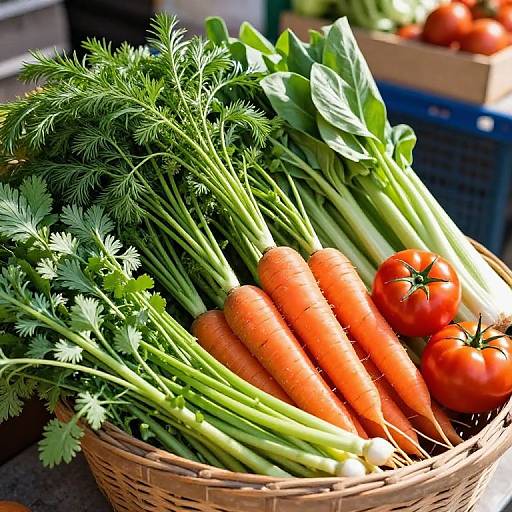 Photograph of a wicker basket filled with fresh carrots, leafy parsley, and ripe tomatoes, with green stems and bright colors.