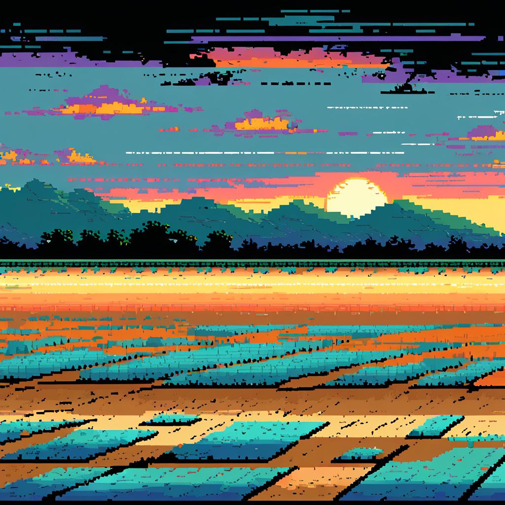 Sunrise on Cracked Earth in Pixel Art