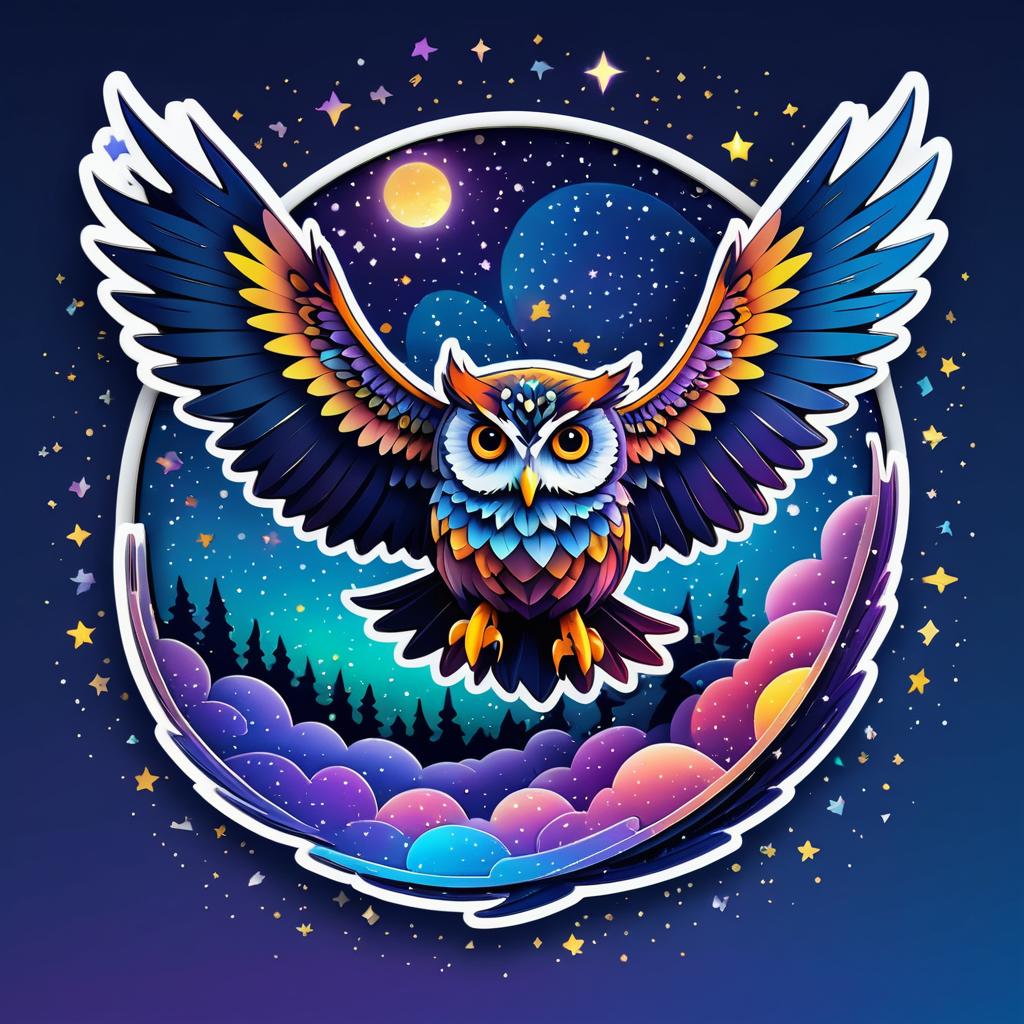 Vibrant Owl Sticker in Night Sky