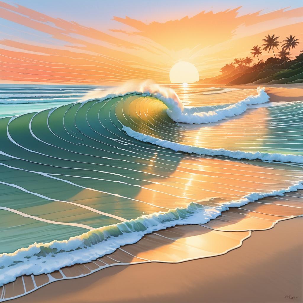 Serene Sunset Beach with Symbolic Waves