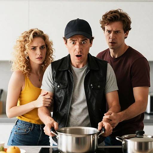 Intense Kitchen Scene with Three Characters