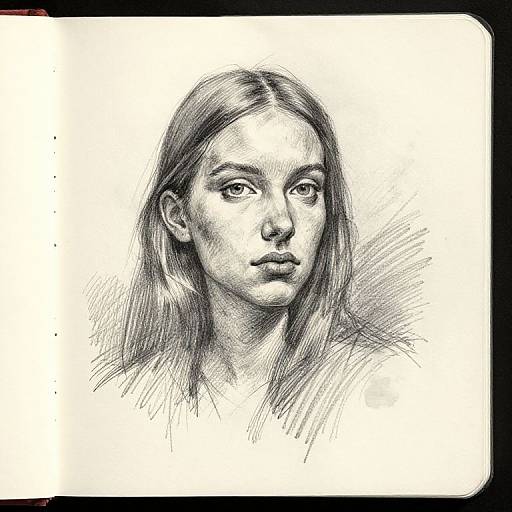 Monochrome pencil sketch of a young woman with long, straight hair, striking eyes, and a neutral expression, set against a white background.