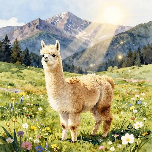 Watercolor Alpaca in Magical Meadow